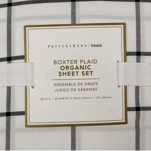 Pottery Barn Teen Sheet Set QUEEN Boxter Plaid Organic Cotton White Onyx NEW - Picture 2 of 5